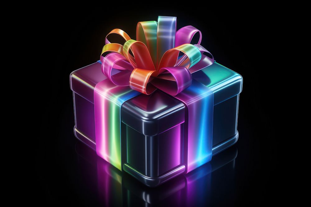 3D render of a neon gift icon bow illuminated celebration.