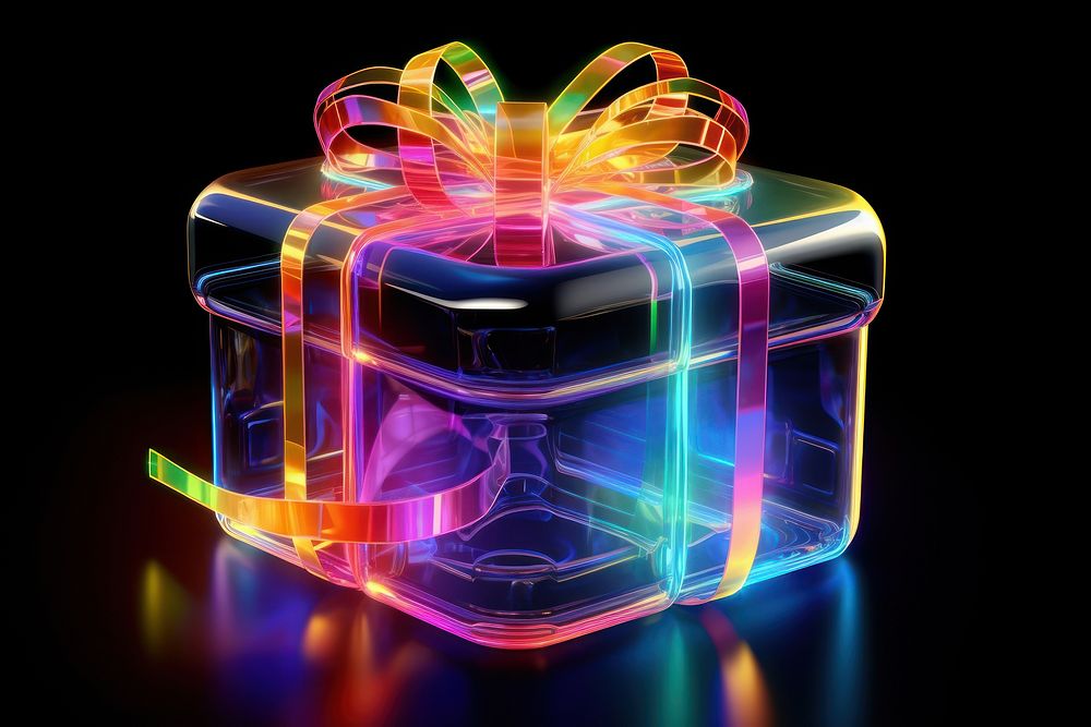 3D render of a neon gift icon light illuminated celebration.