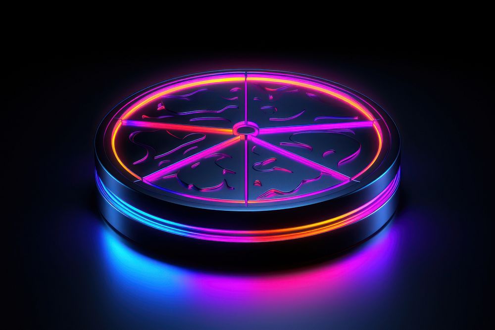 3D render of a neon pizza icon purple light illuminated.