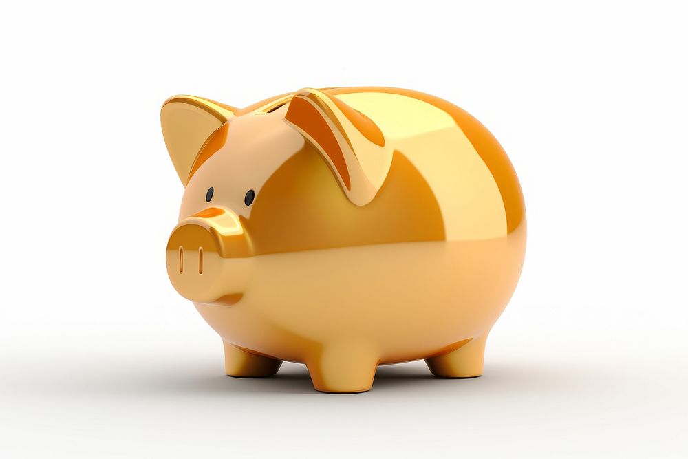 A piggy bank mammal gold white background.