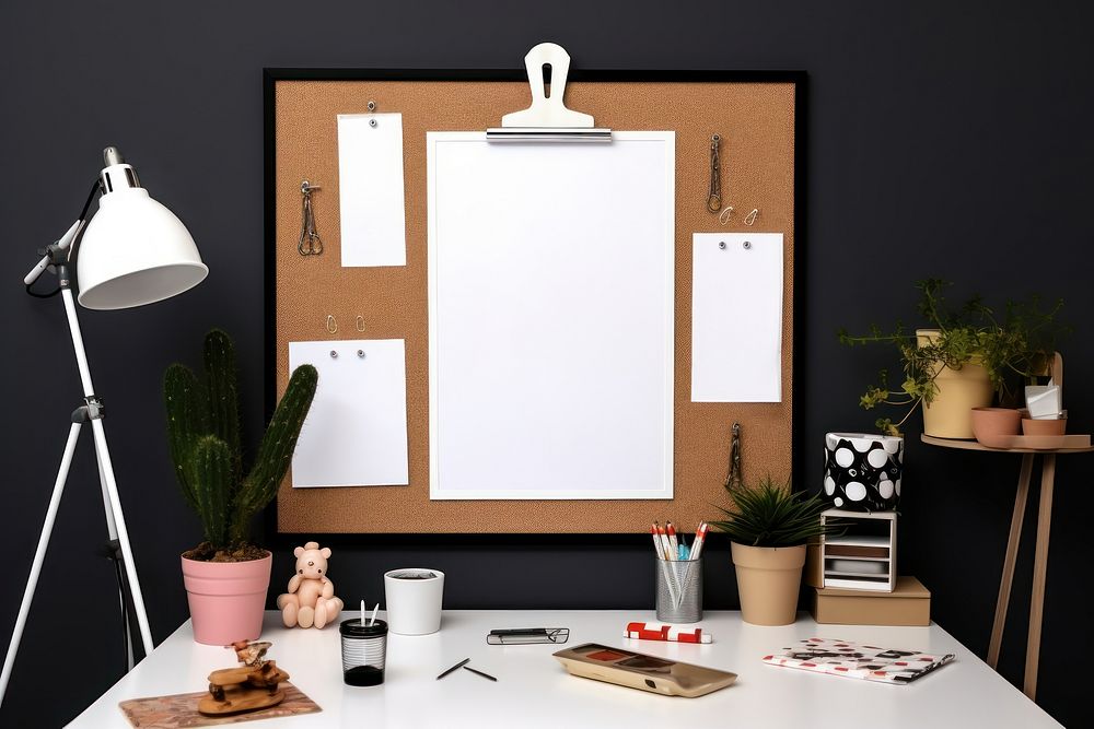 Cork board with blank white polaroid table pen electronics.
