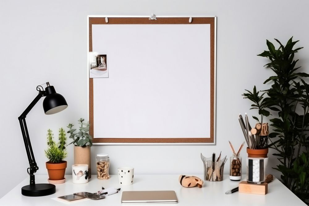 Cork board with blank white polaroid computer room pen.