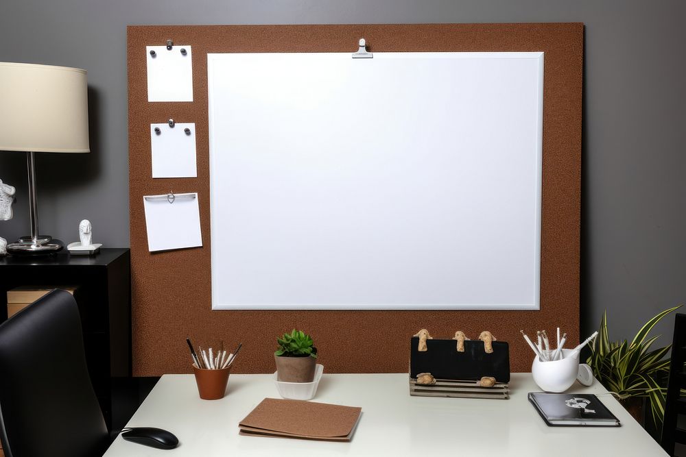 Cork board with white polaroid furniture computer table.