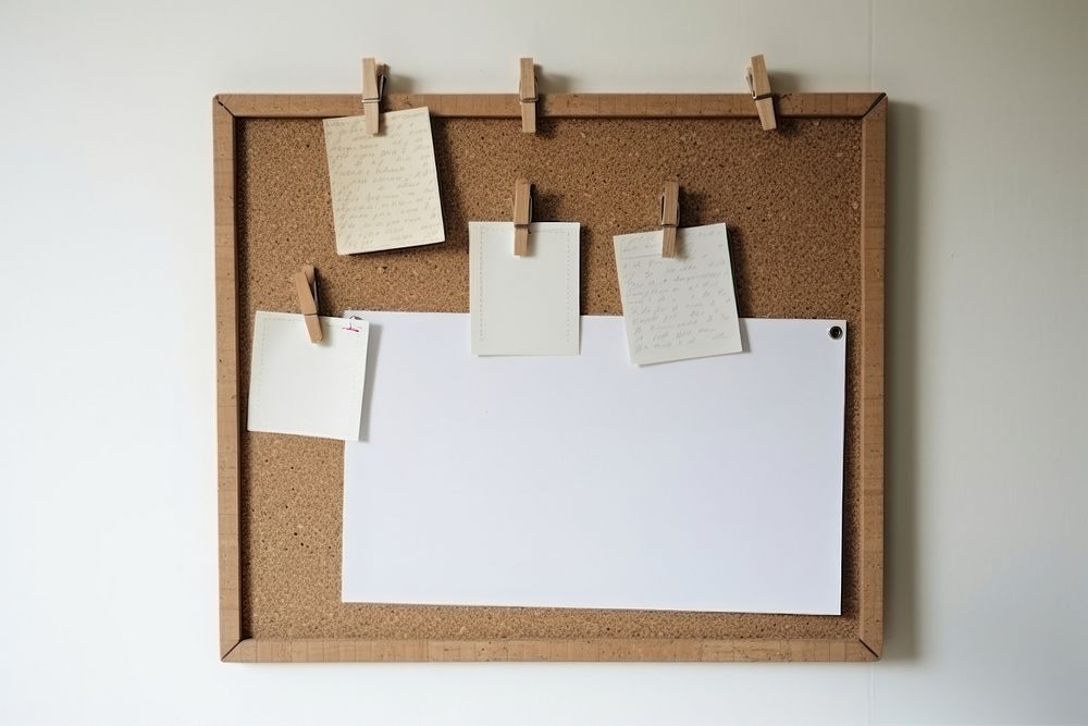Cork board with white polaroid blackboard rectangle absence.