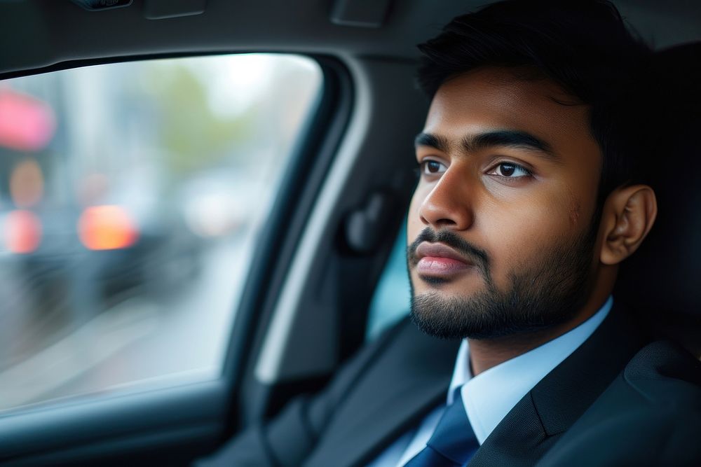 South Asian business man portrait looking window.