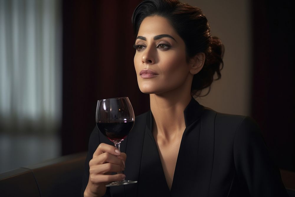 50 years old Qatari woman Sommelier drinking wine glass adult face.