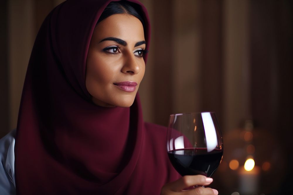 50 years old Qatari woman Sommelier drinking wine adult face red.