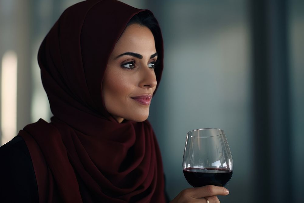 50 years old Qatari woman Sommelier drinking wine portrait adult photo.