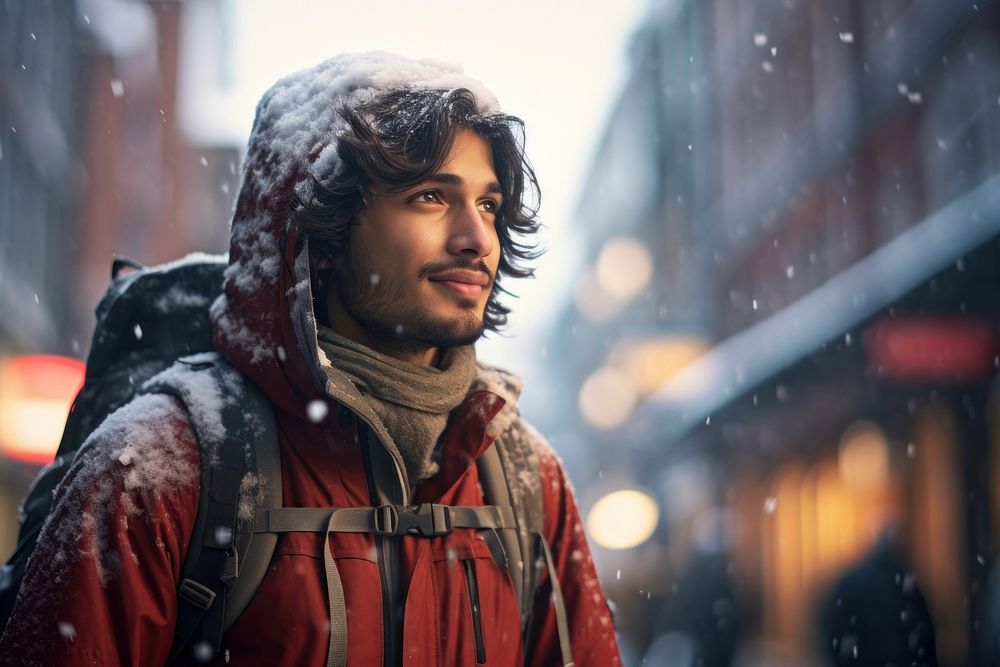 Indian backpacker snow photography portrait.