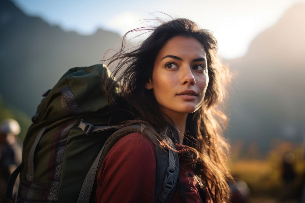Indian women backpacker photography mountain portrait.