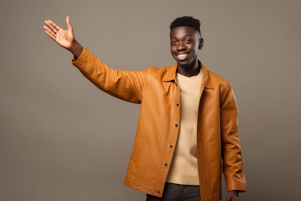 Cute african man jacket gesturing happiness.