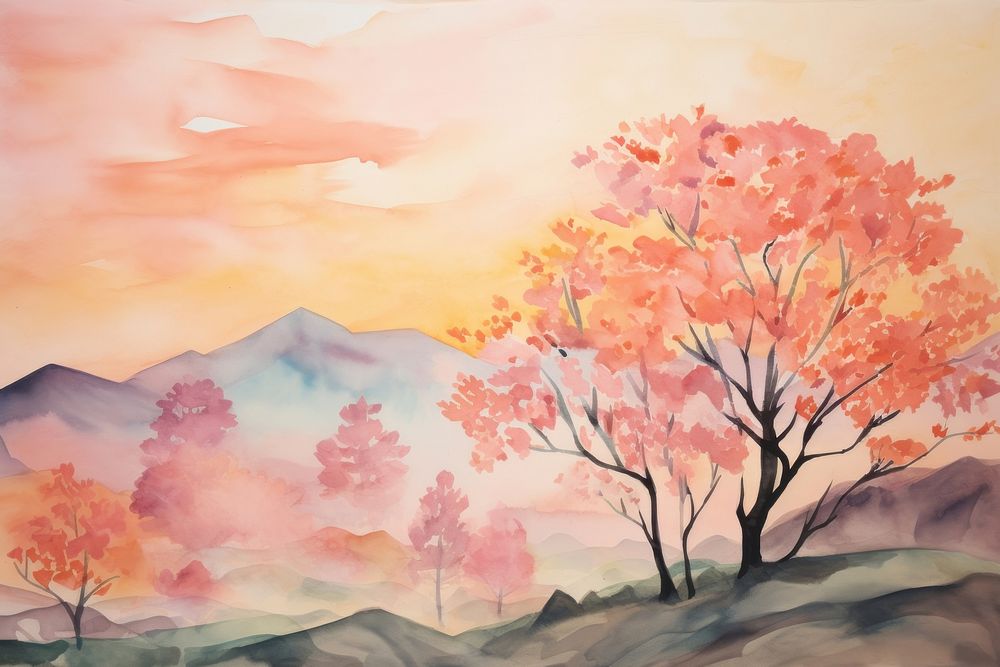 Landscape with trees watercolor painting outdoors nature.