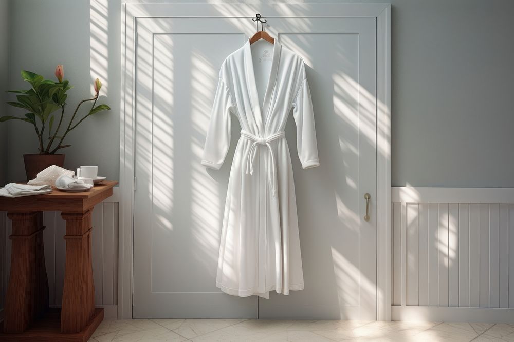 A white bathrobe is large and on display dress architecture coathanger. AI generated Image by rawpixel.