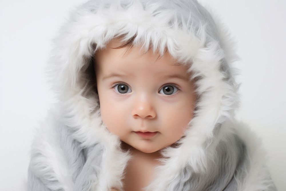 Baby portrait white hood.
