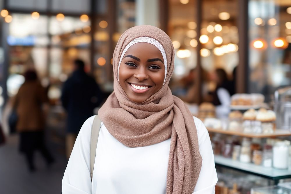 A happy Middle east woman coffee shop owner adult smile scarf.