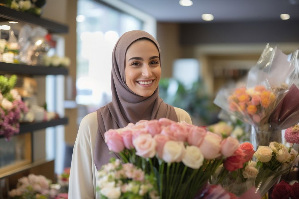 A happy Middle east woman flower shop owner looking adult smile.