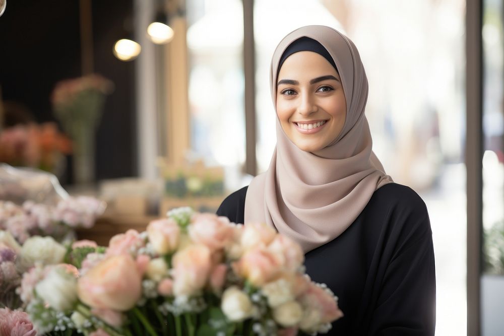 A happy Middle east woman flower shop owner looking scarf smile.