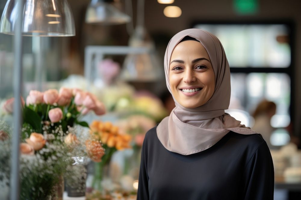 A happy Middle east woman flower shop owner adult smile scarf.