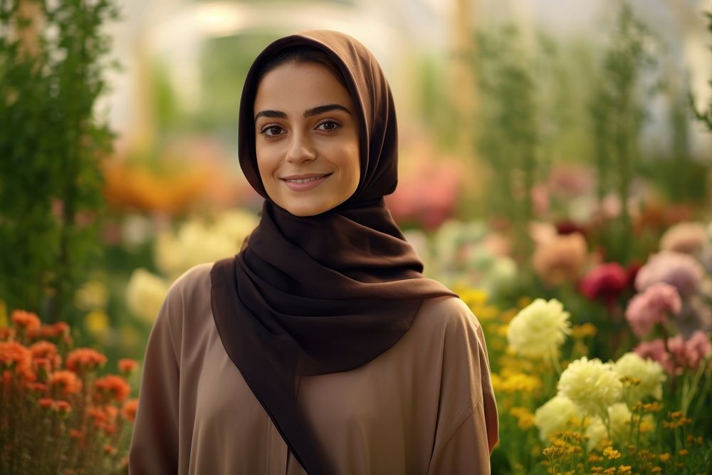 A happy Middle east woman gardener in flower garden looking scarf smile.