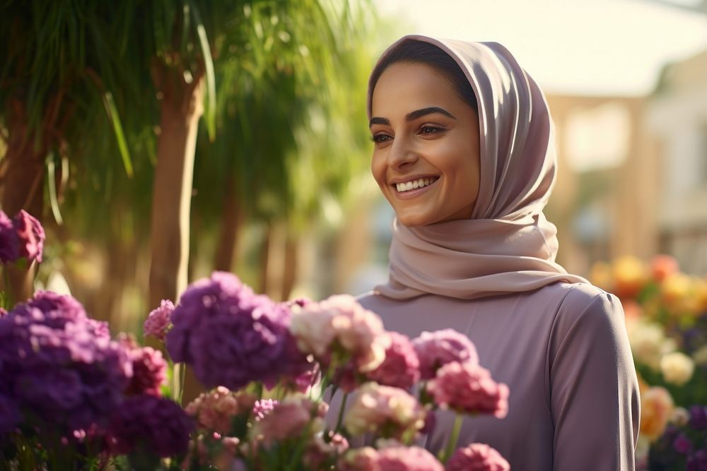 A happy Middle east woman gardener in flower garden looking smile scarf.