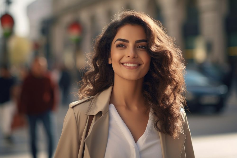 A happy Middle east woman in casual attire walk along a crosswalk looking street smile.