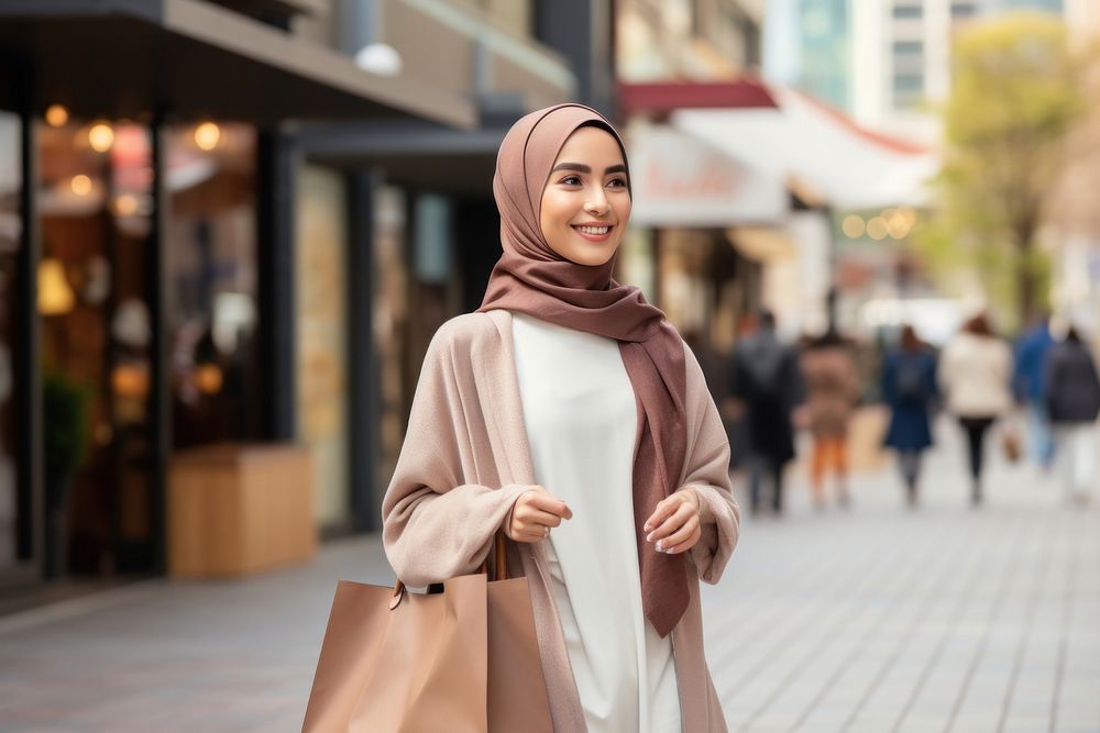 A joyful Middle east woman with shopping bags street scarf architecture.