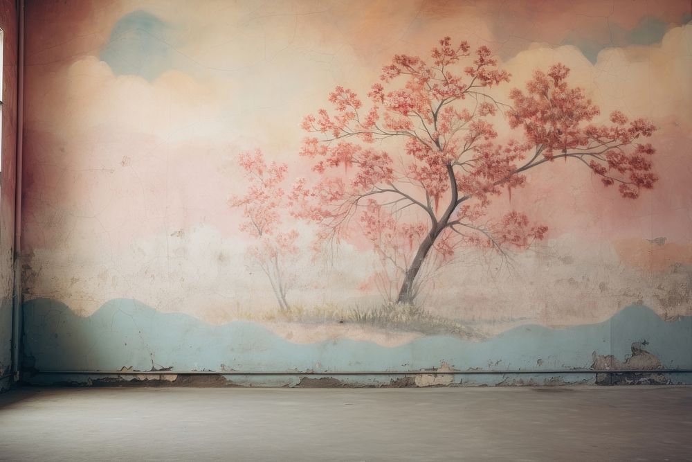 Wall with a mural of a dreamy landscape painting art architecture.