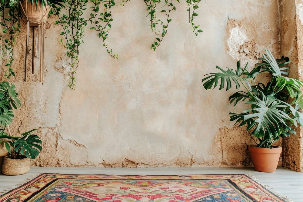 Wall with a hanging plant and a colorful rug architecture houseplant flowerpot.