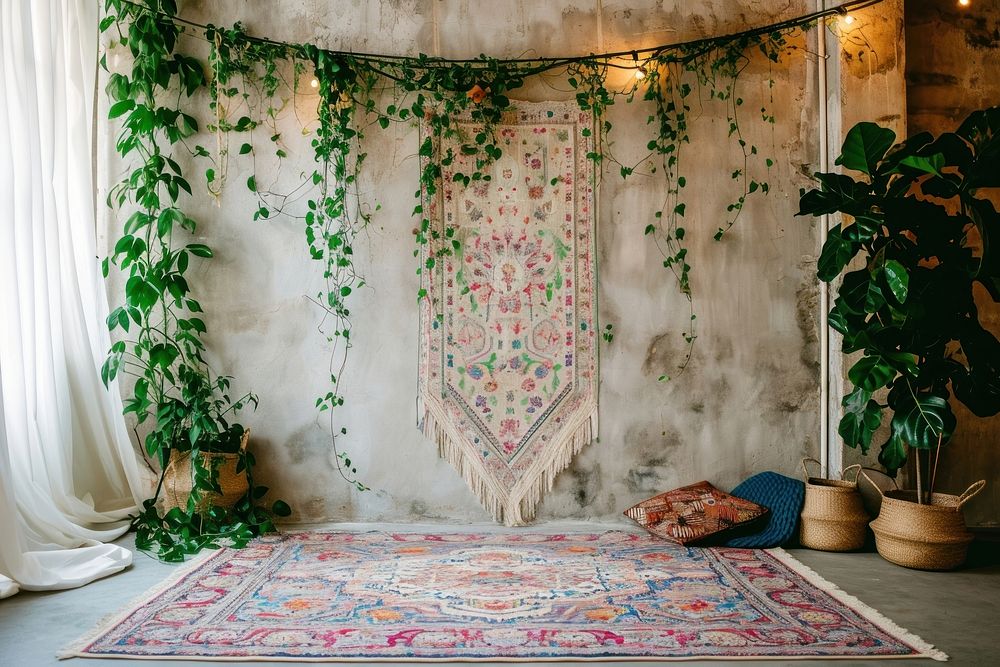 Wall with a hanging plant and a colorful rug architecture decoration creativity.