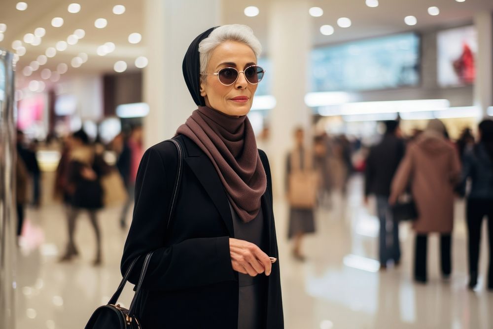A senior Iranian woman shopping in the department store during discount time scarf adult coat.