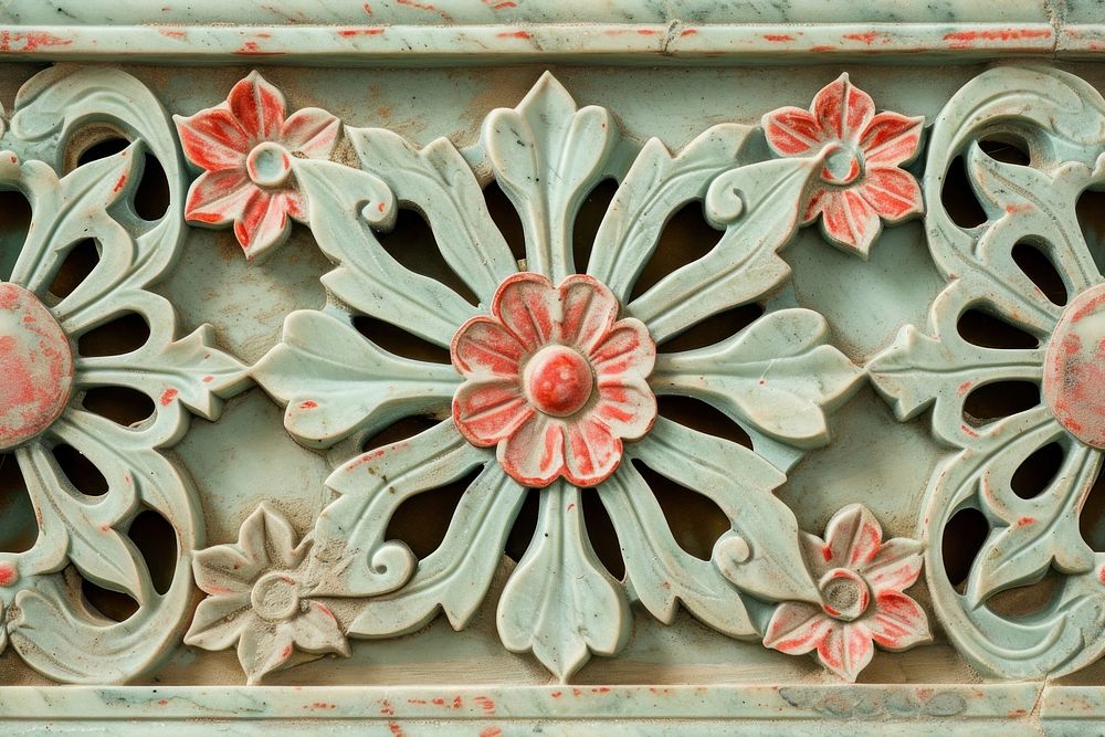 Tile of pastel green and red marble pattern wood art.