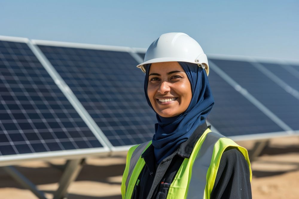 A solar Iranian woman worker smiles in front of solar panels hardhat helmet environmentalist.