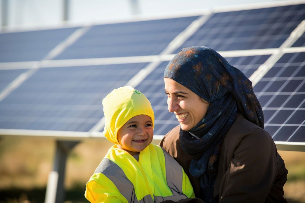 A solar Iranian woman worker smiles in front of solar panels photography portrait adult.
