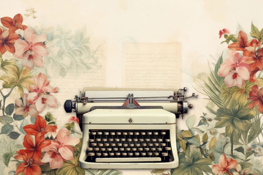 Old typewriter watercolour border flower paper plant.