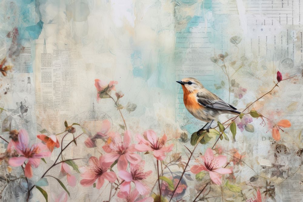 Wildflower with bird border painting animal robin.