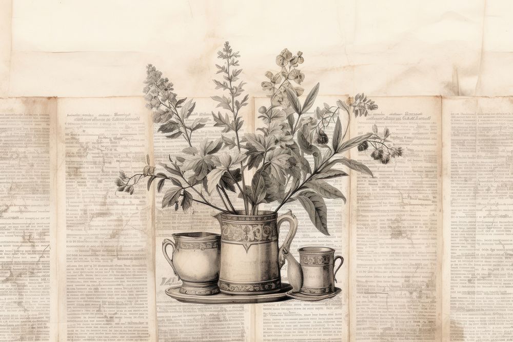 Potted plant watercolour border herbs page newspaper.