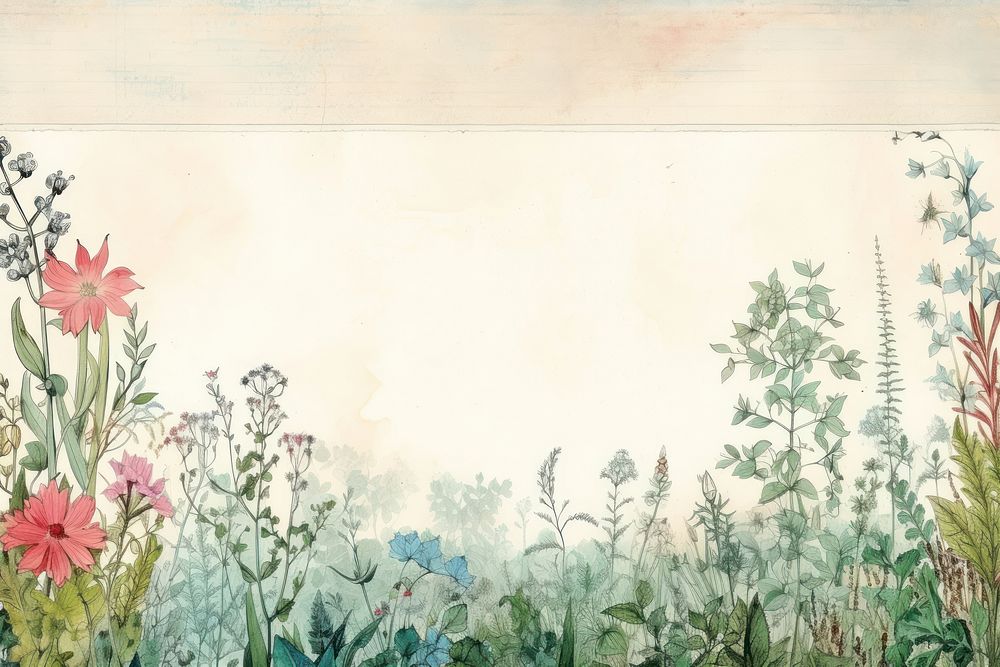 Taipe style watercolour border herbs backgrounds outdoors.