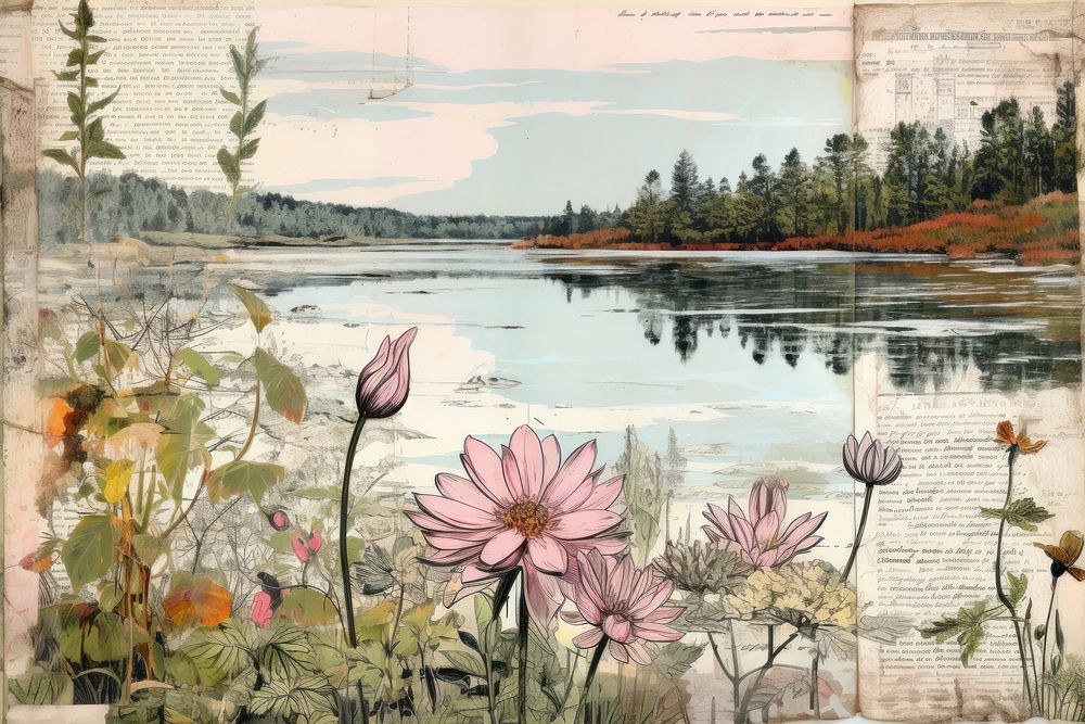 Nature lake border outdoors painting flower.