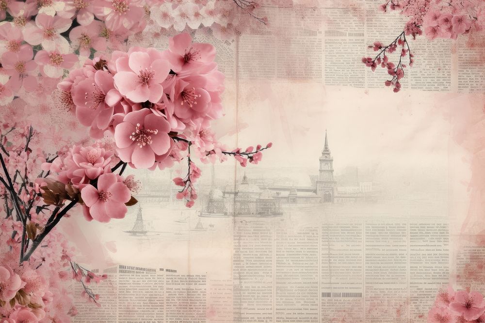 Pressed dried cherry blossom with Paris style border outdoors flower nature.