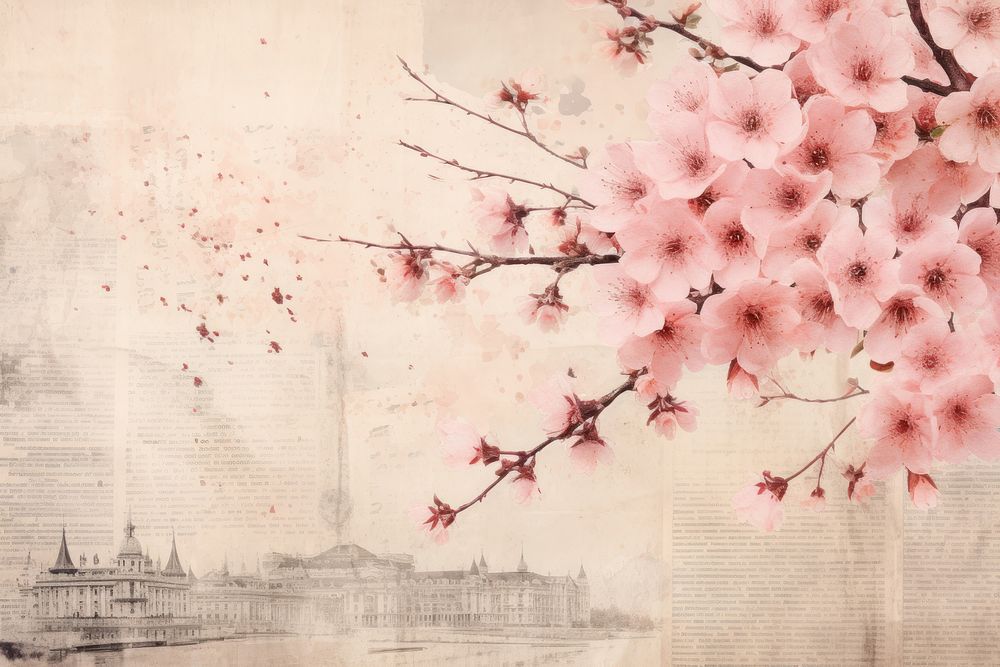 Pressed dried cherry blossom with Paris style border flower plant paper.