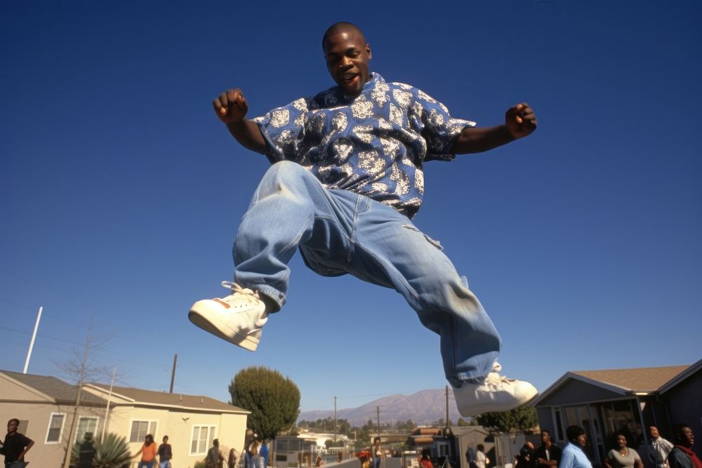 Athletic african man footwear jumping city.