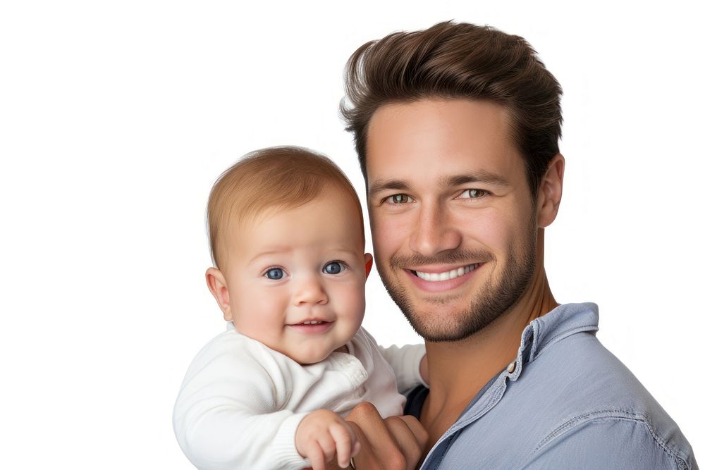 Father smiles and holds his son portrait adult baby.