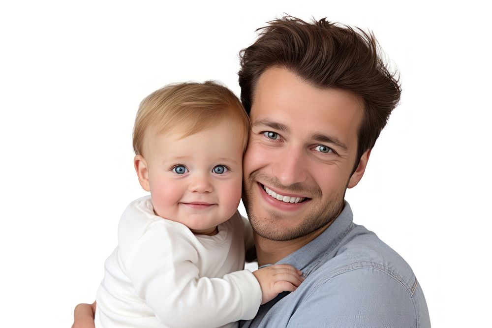 Father smiles and holds his son portrait adult baby.