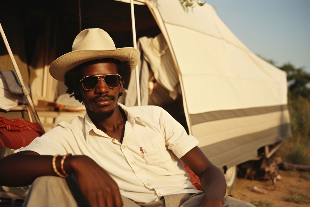 African man travelling sunglasses portrait outdoors.