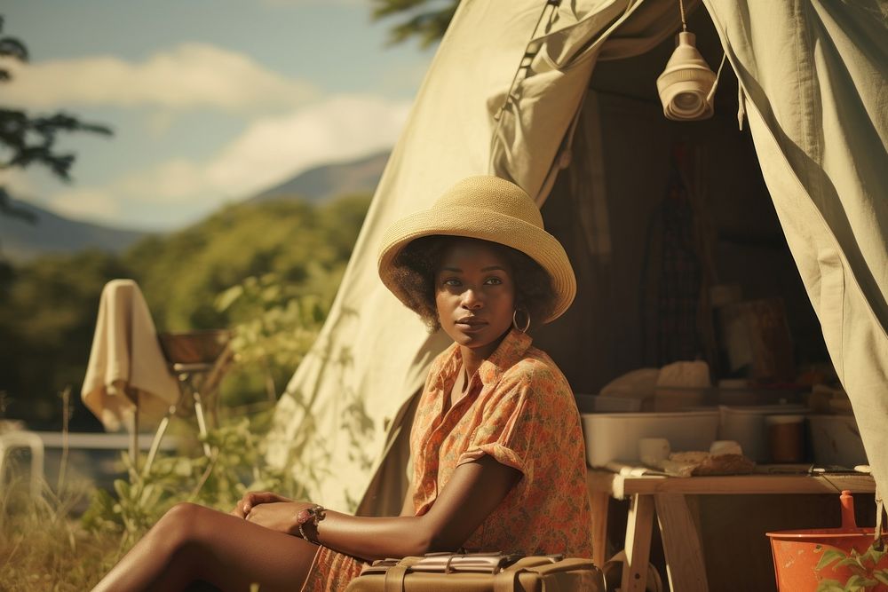 African woman travelling camping outdoors portrait.