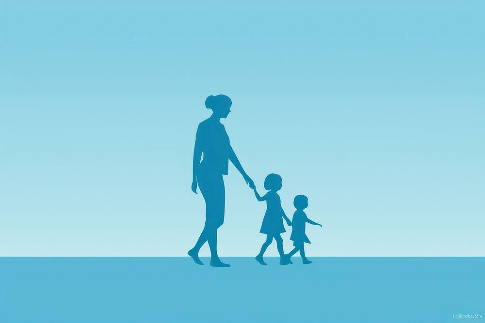 Silhouette mother and kid walking adult blue.
