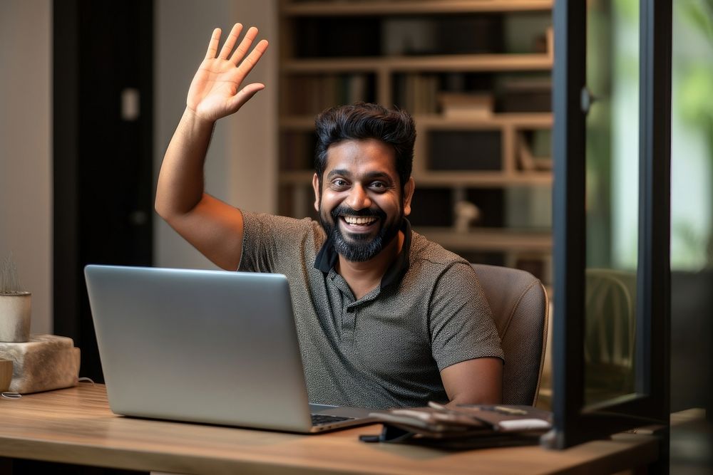 Indian man with laptop computer furniture adult happy.
