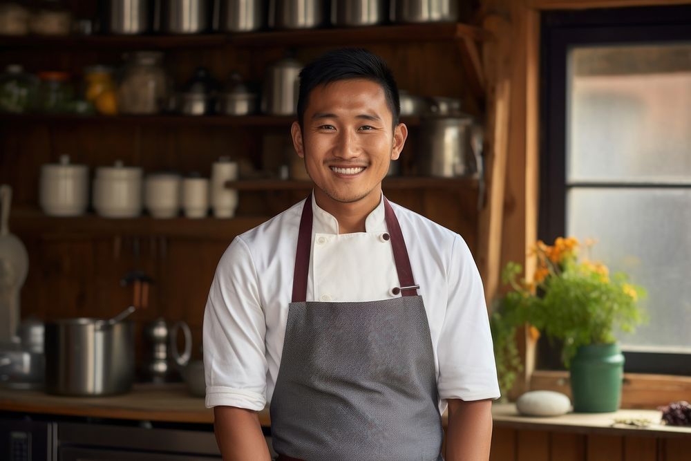 Male Bhutanese chef kitchen waiter apron.