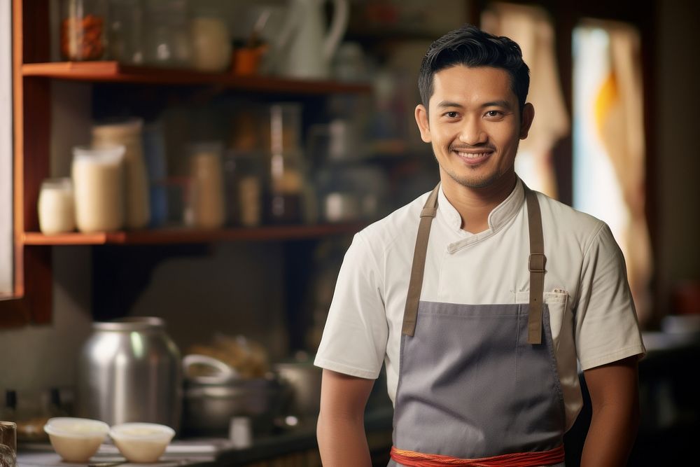Male Bhutanese chef kitchen apron entrepreneur.