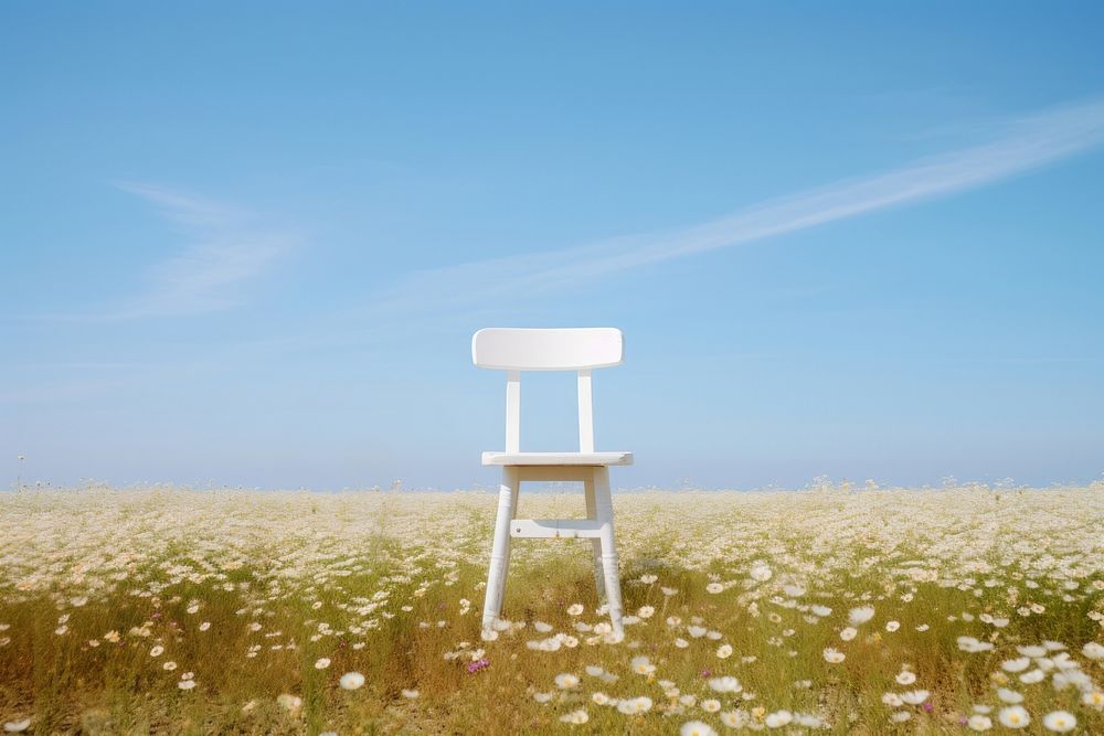 White wooden chair flower field sky.